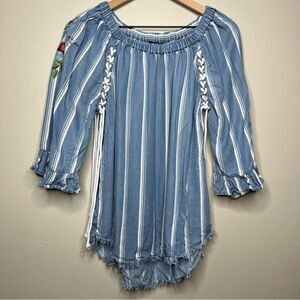 Ali Miles Women Top Small Blue Stripe Embroidered Floral Beach Resort Vacation‎